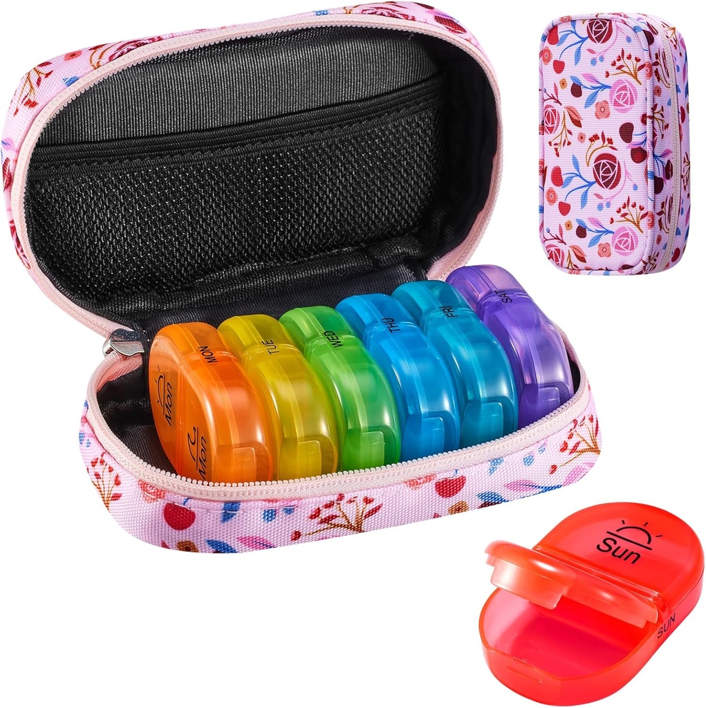 Serfeymi Weekly Travel Pill Organizer 2 Times A Day AM PM Upgraded Rainbow Pill Box 7 Day with Portable Zipper Canvas Pill Case, Medicine Organizer for Pills, Vitamins, Fish Oils - Pink 01