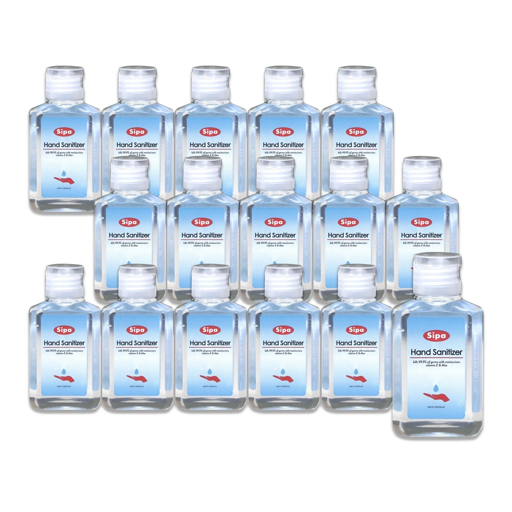 SIPA Hand Sanitizer Travel Size 2oz/ 60 ml, Flip Cap Bottle, Bulk Travel Size, Soothing Gel with Aloe and Vitamin E (Pack of 16)