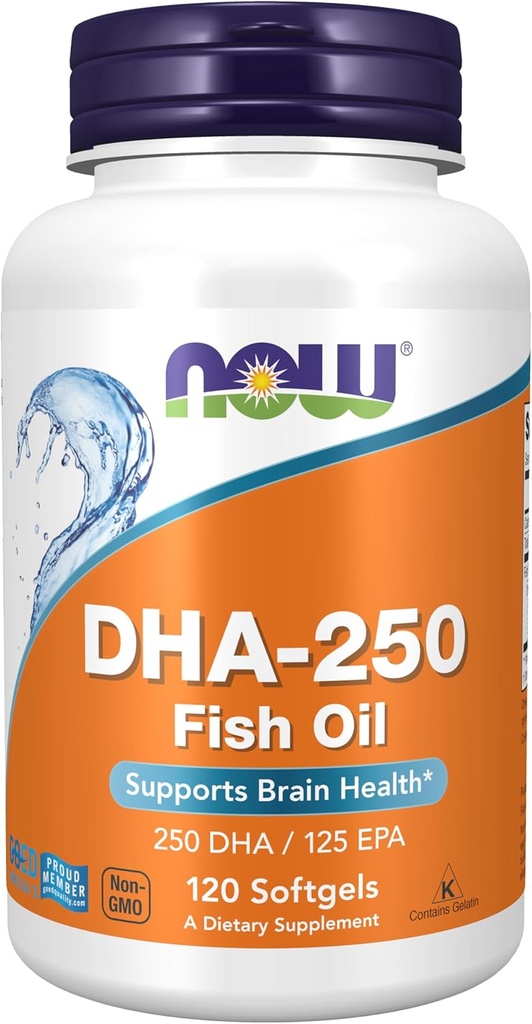 Now Foods Supplements, DHA- 250 med 125 EPA, Molekylært Destilleret, Understøtter Brain Health *, 120 Softgels
