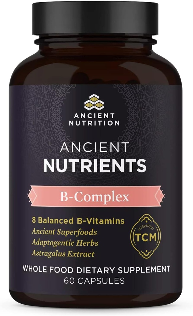 Ancient Nutrition Vitamin B Complex Supplement, 8 Balancerede B- Vitaminer, Understøtter sunde energiniveauer, Adaptogene urter, Enzyme aktiveret, Paleo & Keto Friendly, 60 kapsler