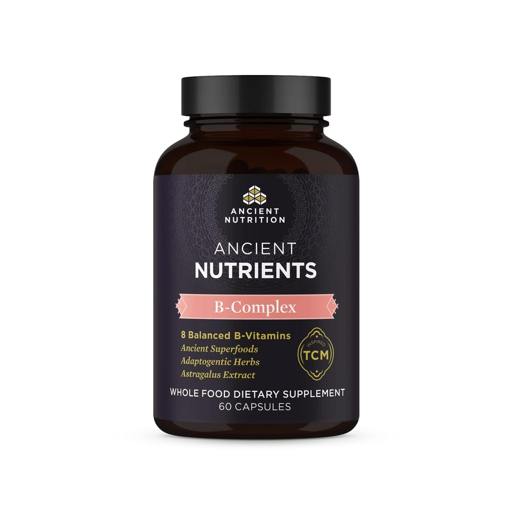 Ancient Nutrition Vitamin B Complex Supplement, 8 Balancerede B- Vitaminer, Understøtter sunde energiniveauer, Adaptogene urter, Enzyme aktiveret, Paleo & Keto Friendly, 60 kapsler
