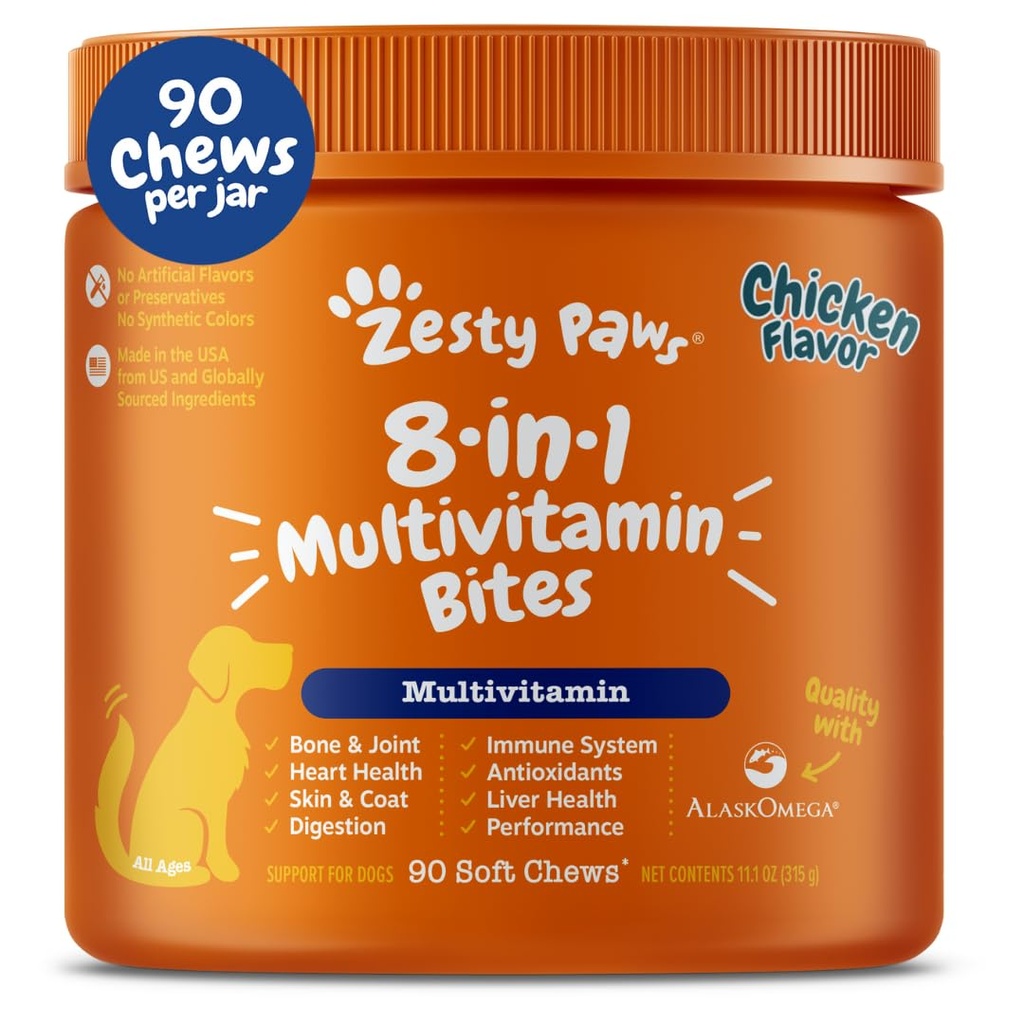 Zess Paws hund Multivitamin, Chewable hund vitaminer og kosttilskud til Hip & Joints, Hud & Coat, Omega 3 Fish Oil til hunde - Senior & Puppy Multivitamin- Kylling - 90ct
