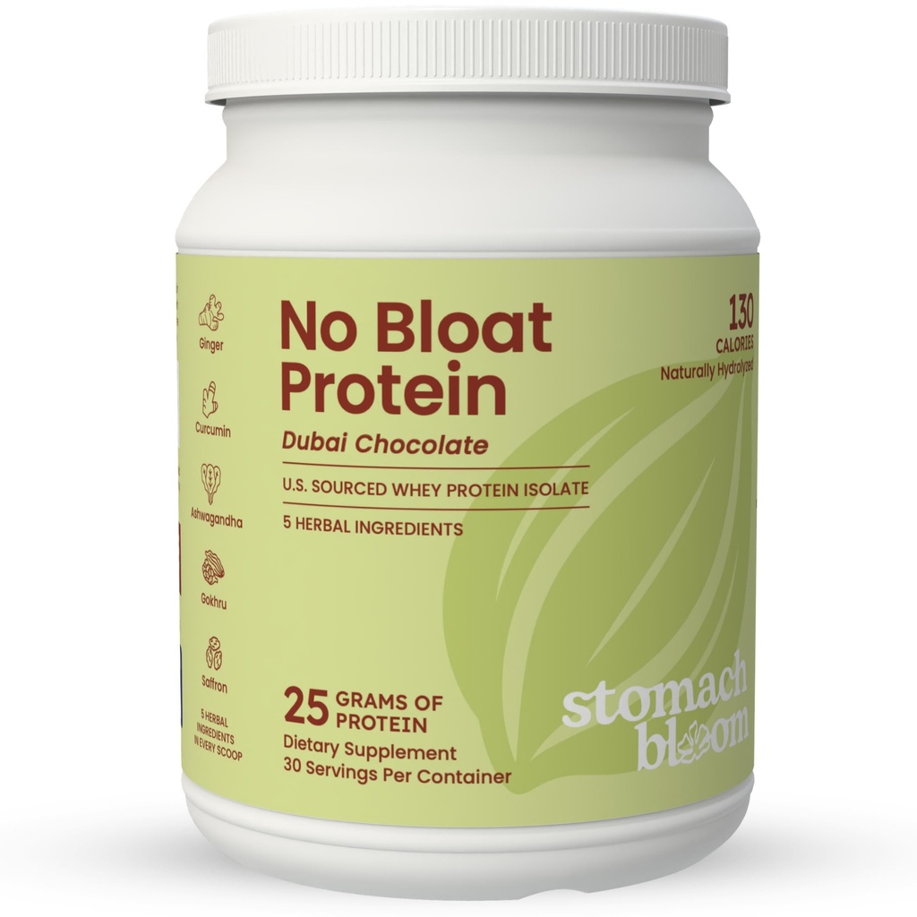 No Bloat Protein Powder for Digestive Health – 24g Grass Fed Whey Isolate with 5 Herbs – Natural Dubai Chocolate Flavor