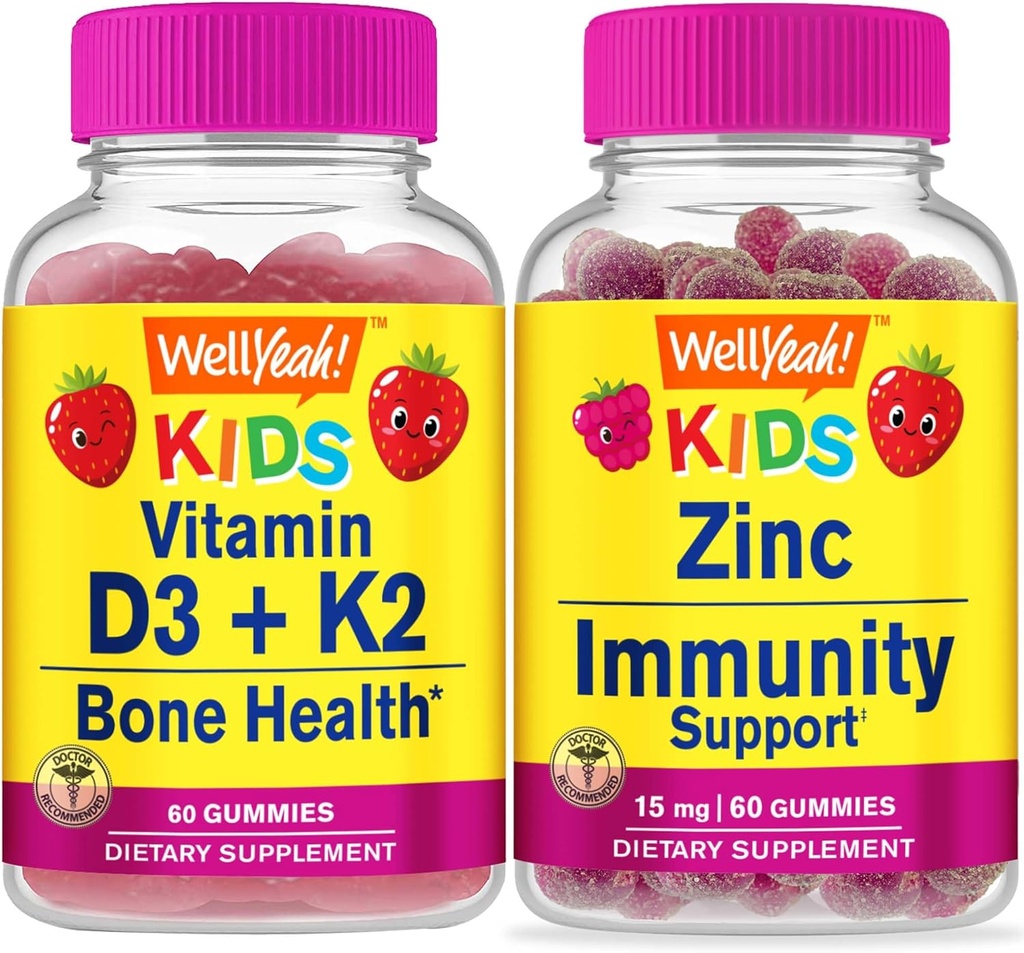 WellYeah Vitamin D3 + K2 Kids + Zink Kids 15mg, Gummies Bundle - Great Tasting, Vitamin Supplement, Gluten Free, GMO fri, Chewable Gummy