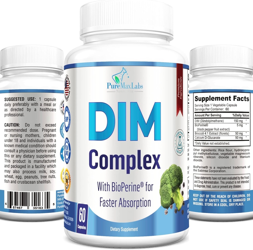 DIM supplement - 150mg DIM (diindolylmethan), Broccoli, Calcium D- glucarat & Bioperine - Hormonbalance for mænd og kvinder, østrogen, overgangsalder balance - 60 kapsler