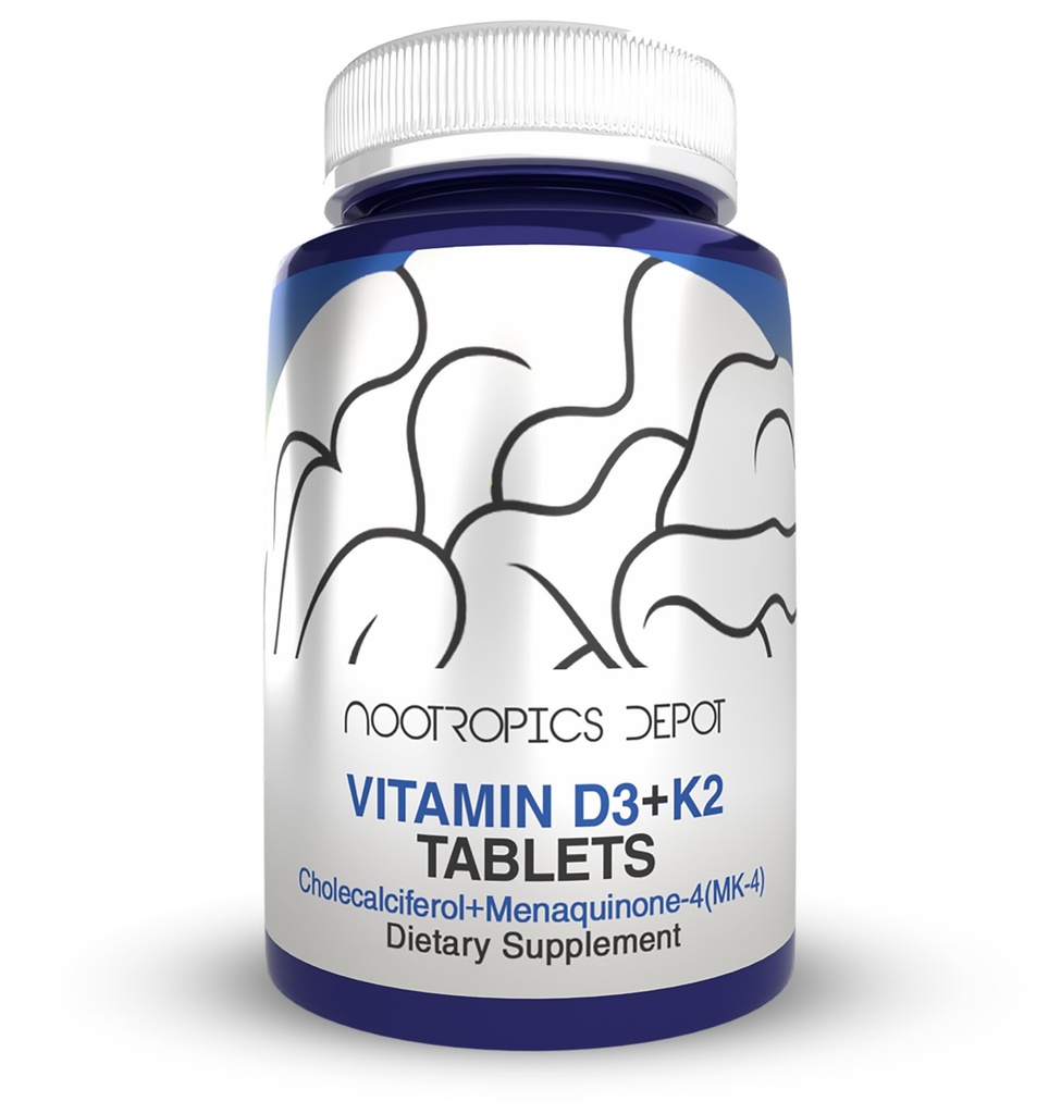 Nootropics Depot Vitamin D3 + K2 med C-vitamin Tablets Note 124; 60 Greve Note 124; Cholecalciferol + Menaquinone-4 (MK-4)