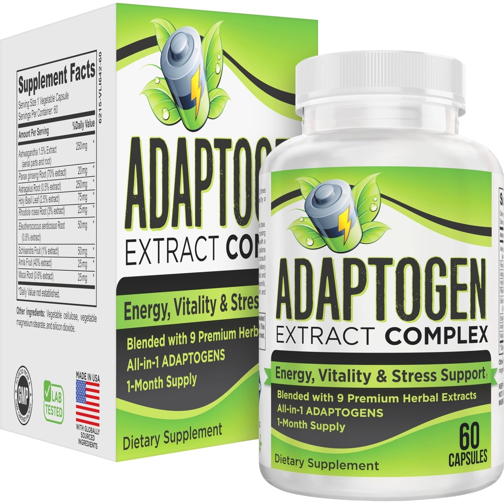 Adaptogens Extract Complex 9-in-1 | Adaptogenic Formula | Adaptogen Supplements | Men & Women | 60 Capsules