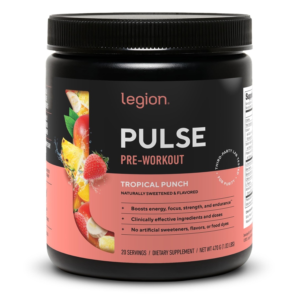 LEGION Pulse Pre Workout - Alle naturlige nitrogenoxid Preworkout Drink til Boost Energy, Kreatin Free, naturligt sødet, Beta Alanine, Citrullin, Alpha GPC (Tropical Punch)