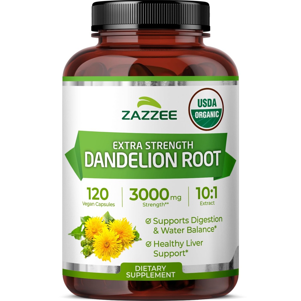 Zazzee USDA Organic Mælkebøtte Root 10: 1 Extract, 3000 mg Strength, 120 Kapsler, 4 Måned Supply, Standardized and Concentrated 10X Extract, 100% Vegetar, All- Natural and Non- GMO