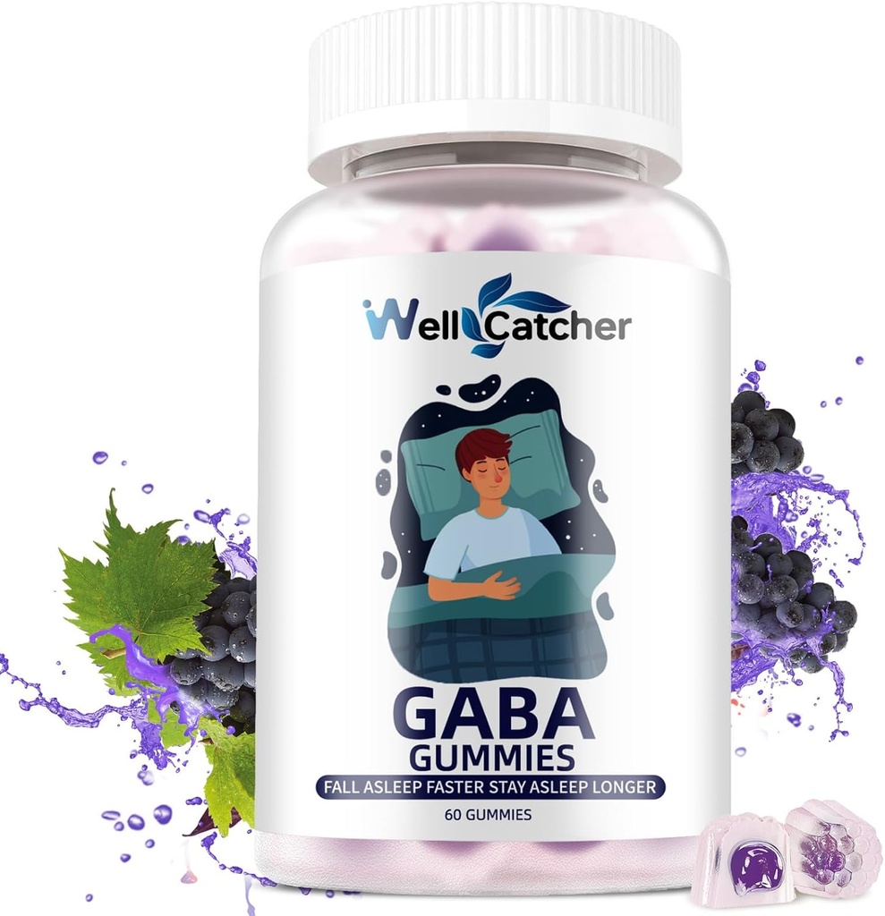 GABA supplement Gummies 500mg: Chewable GABA L- theanin supplement Gummies for voksne børn non melatonin dvalehjælp rolig sind med 5-HTP for stress Relief Zzz bedre sukker gratis Grape Flavor 60CT