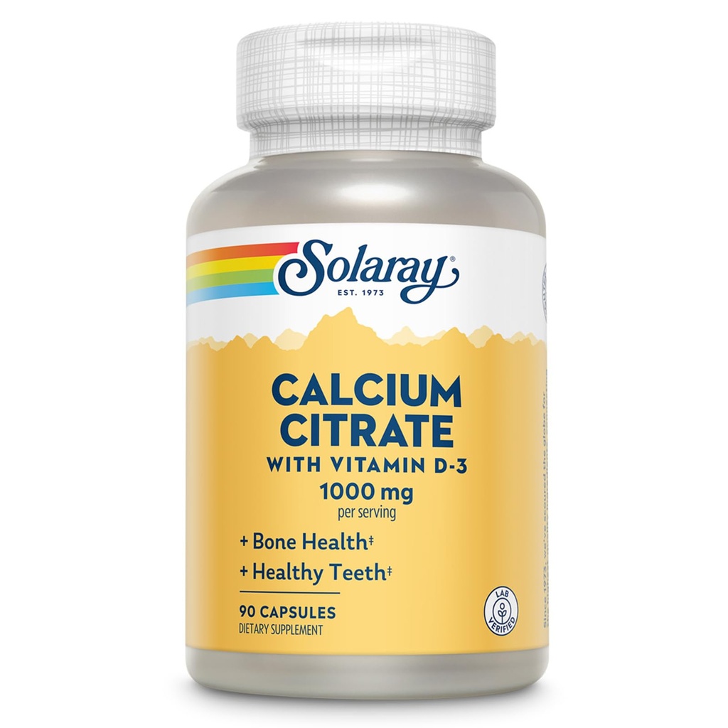 Solaray Calcium Citrate med vitamin D3 1000mg - Knoglestyrke og sund tandstøtte - genert fordøjelsesformel - Lab Verified, 60- dag garanti - 15 Servering, 90 kapsler