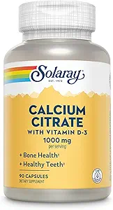 Solaray Calcium Citrate med vitamin D3 1000mg - Knoglestyrke og sund tandstøtte - genert fordøjelsesformel - Lab Verified, 60- dag garanti - 15 Servering, 90 kapsler