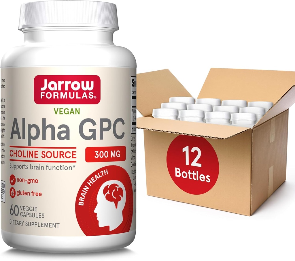 Jarrow Formulas Alpha GPC, 300mg, Kosttilskud, Hjerne Sundhedstilskud til voksne, 60 Veggie Kapsler, 30 dages forsyning (PAKNING AF 12)