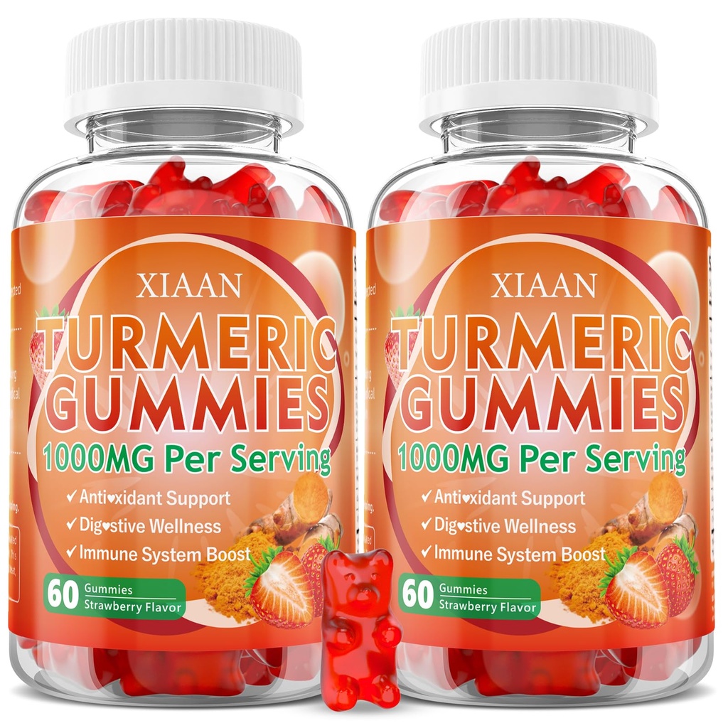 Turmeric Gummies 1000mg, Organic Turmeric Curcumin Supplement with Black Pepper for Immune & Muscle Support, Sugar-Free/Vegan/Gluten-Free, Strawberry Flavor 120 Count
