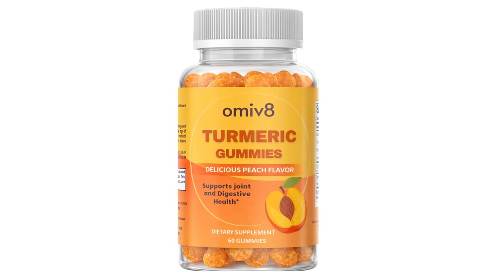 Turmeric Gummies with Ginger & Black Pepper – 250 mg Curcumin Extract for Joint Support & Digestion – Delicious Peach Flavor – 60 Gummies