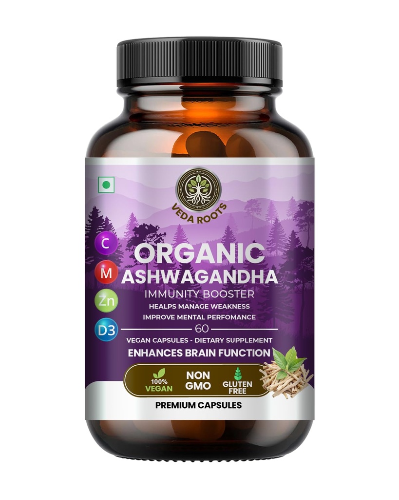 Ashwagandha KSM 66 Pure Organic Root Powder Extract Ayurvedic Supplement - Focus, Mood Support, Increase Energy, Strength, 600mg of Natural KSM66 for Superior Absorption - 60 Capsules
