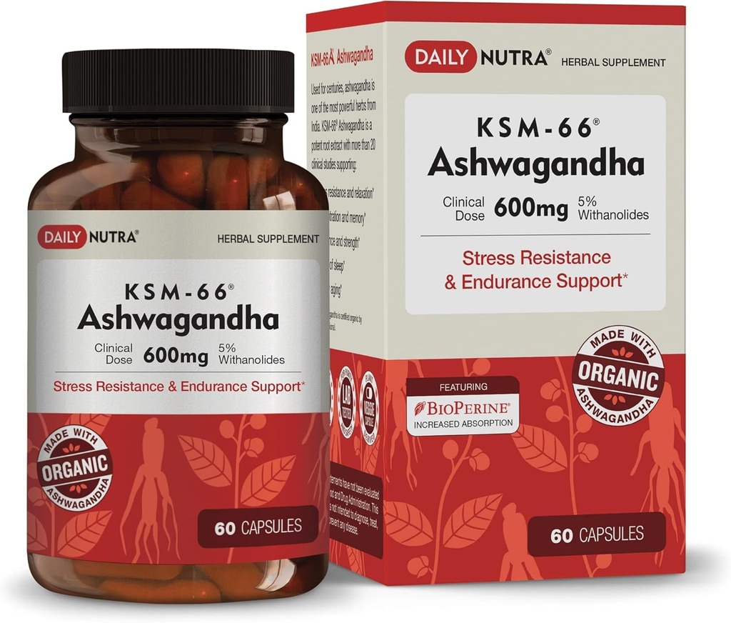 Ashwagandha KSM 66 Pure Organic Root Powder Extract Ayurvedic Supplement -Focus, Mood Support, Increase Energy, Strength, 600mg of Natural KSM66 for Superior Absorption