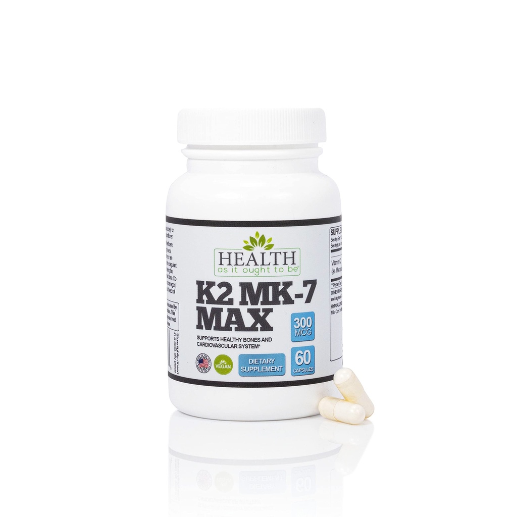Sundhed som det forventes at være vitamin K2 MK7 MAX ekstra styrke 300mcg tillæg 124; Soja fri, Proven Biotilgængelighed & Sikkerhed; 60 kapsler