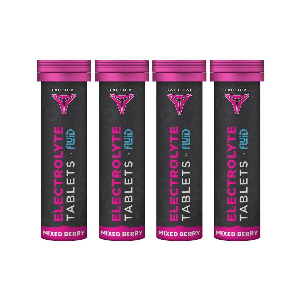 Fluid Tactical- Effervescent Hydration Tablets, Electrolyte Erstatning & Dehydrering Prevention, 4 Pack, 40 Servere (blandet berry)