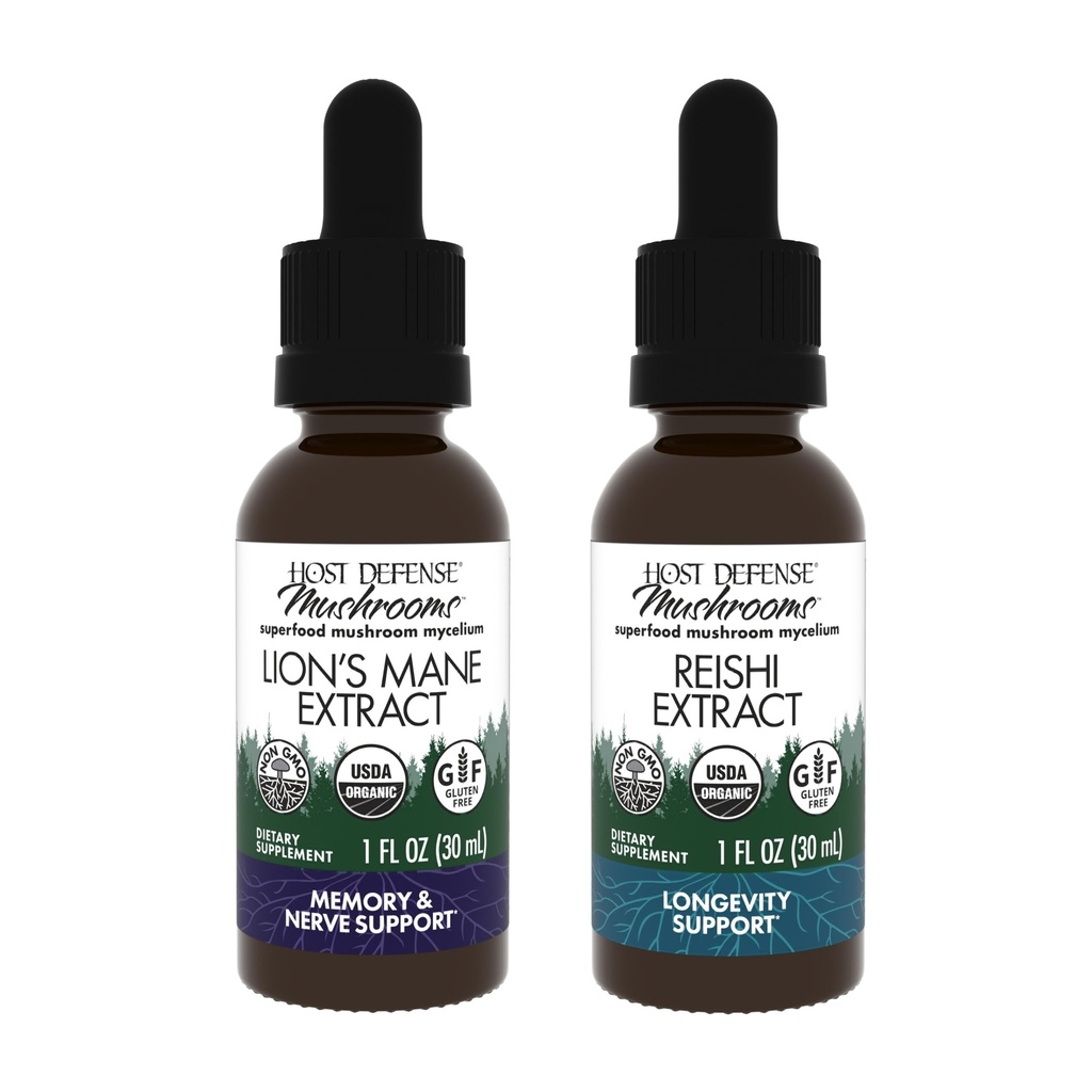 Host Defense Bundle med Lions Mane Extract, 1 fl oz & Reishi Extract, 1 fl oz - Support Brain Health, Memory & Focus - Support Heart & Immune Health *