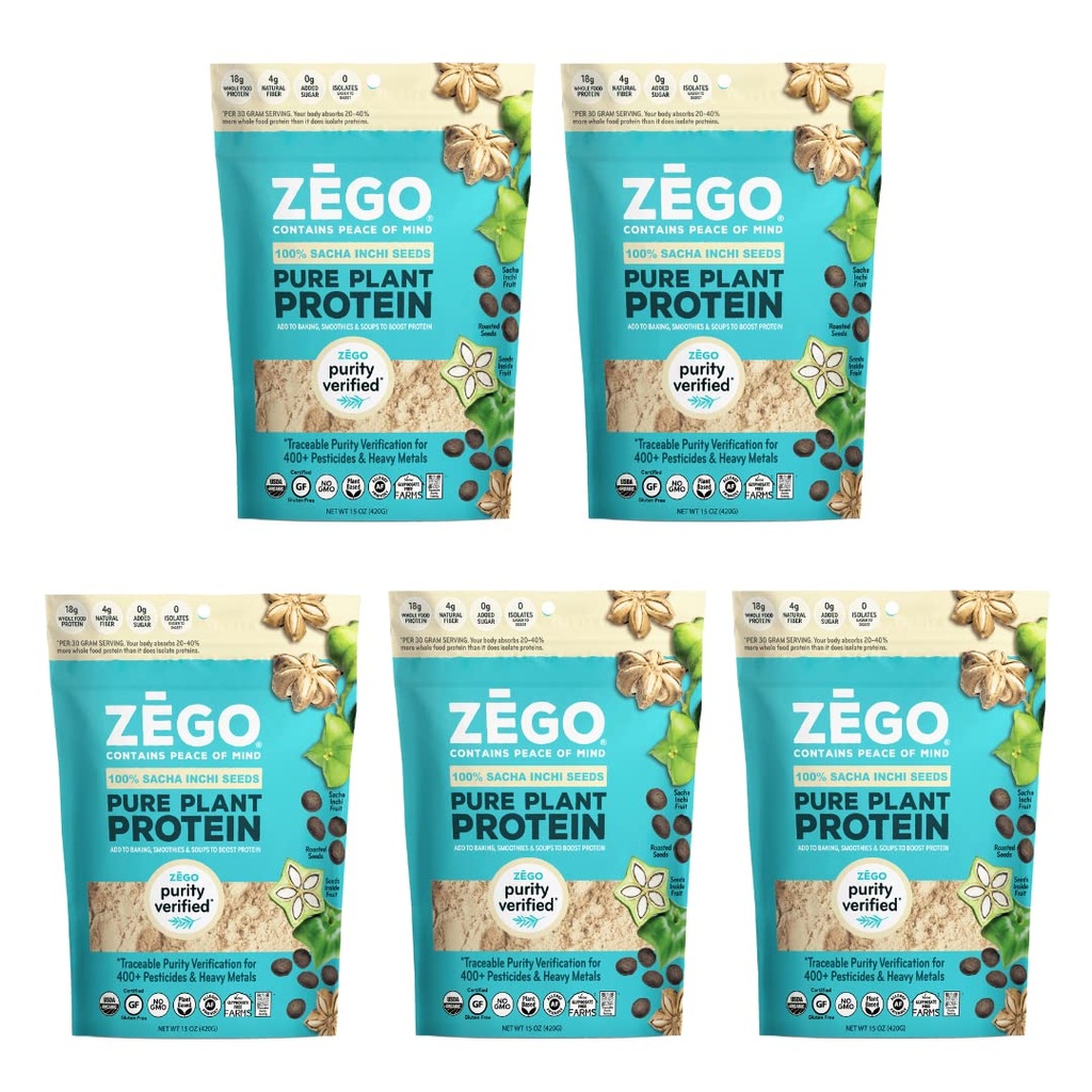 ZEGO Organic 100% Sacha Inchi Seed Protein, Purity Tested, Gluten Free, Top 14 Allergy and Corn Free, Soy Free, Vegan, 15oz (Bundle of 5 Bags)