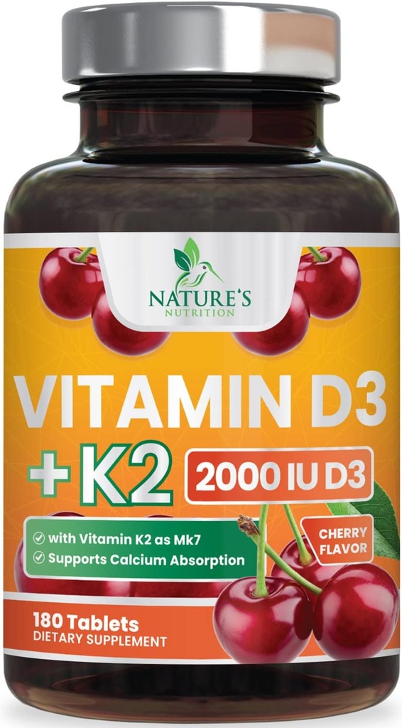 D3 K2 2000 IE Plus med K2 (MK- 7) 75 mcg - Vitaminer D & K Complex supplement for ben, tænder, muskler, Calcium Absorption, understøtter immun- og hjertesundhed, ikke- GMO tyggetabletter - 180 tabletter