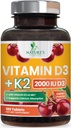 D3 K2 2000 IE Plus med K2 (MK- 7) 75 mcg - Vitaminer D & K Complex supplement for ben, tænder, muskler, Calcium Absorption, understøtter immun- og hjertesundhed, ikke- GMO tyggetabletter - 180 tabletter