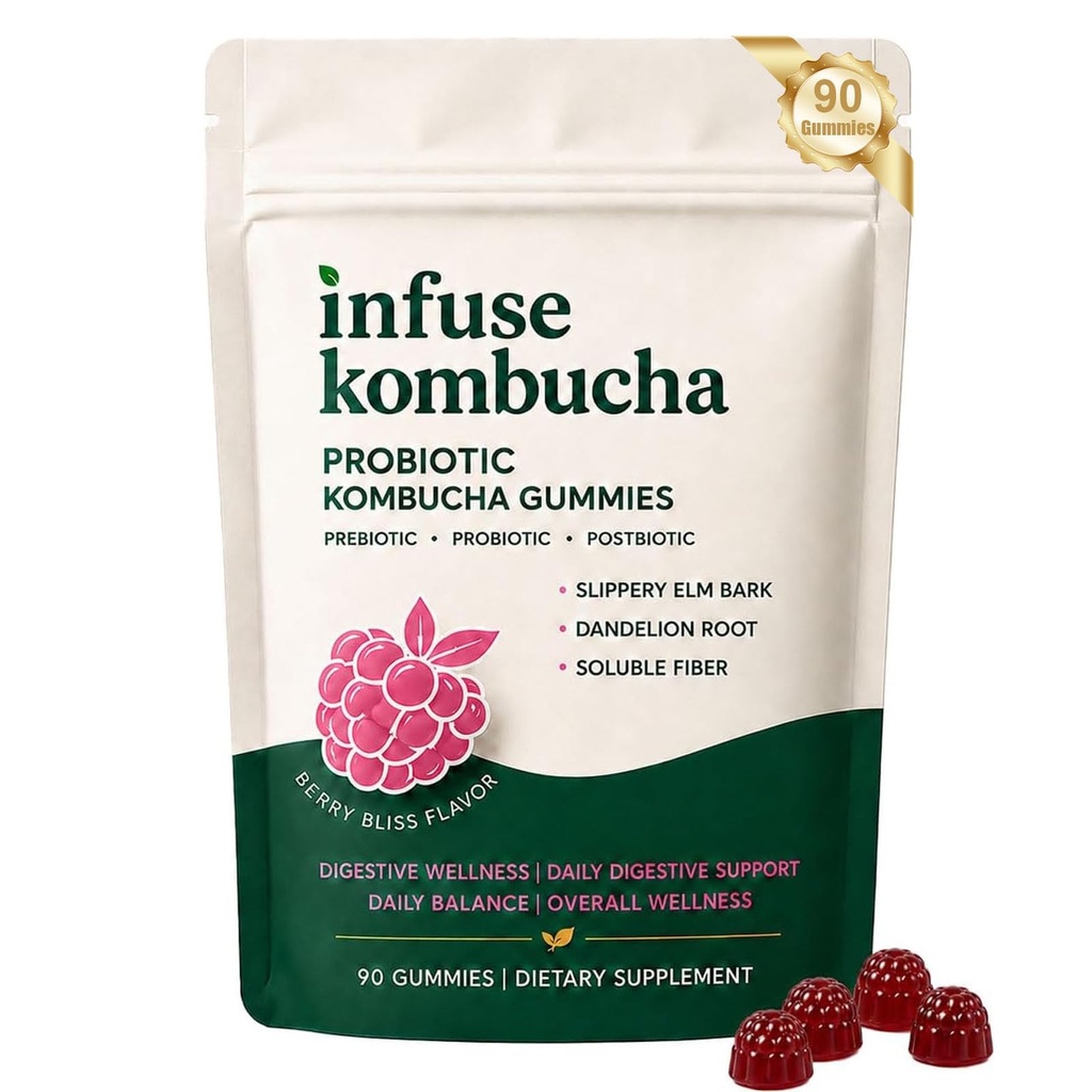 Infuse Probiotic Kombucha Gummies (1PC, 90Gummies) | for Throat Clearing, Prebiotics, Probiotics & Postbiotics, Digestive, Bloating Comfort, Throat Relief, 90 Gummies