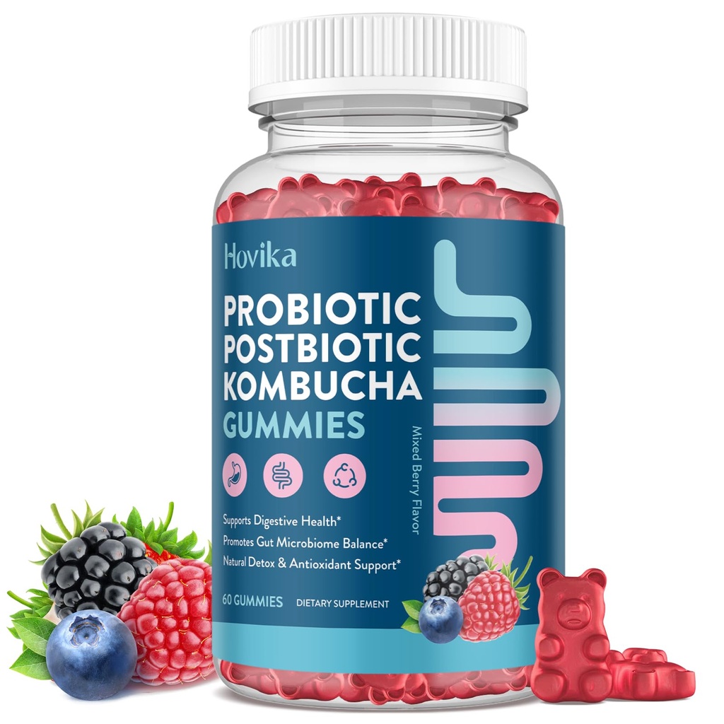Probiotic Kombucha Gummies for Digestive Health - Synergy Kombucha with Probiotics, Prebiotics & Postbiotics, Dandelion Root, Slppery Elm - Gut Health for Women & Men, Mixed Berry Flavor 60 Gummies