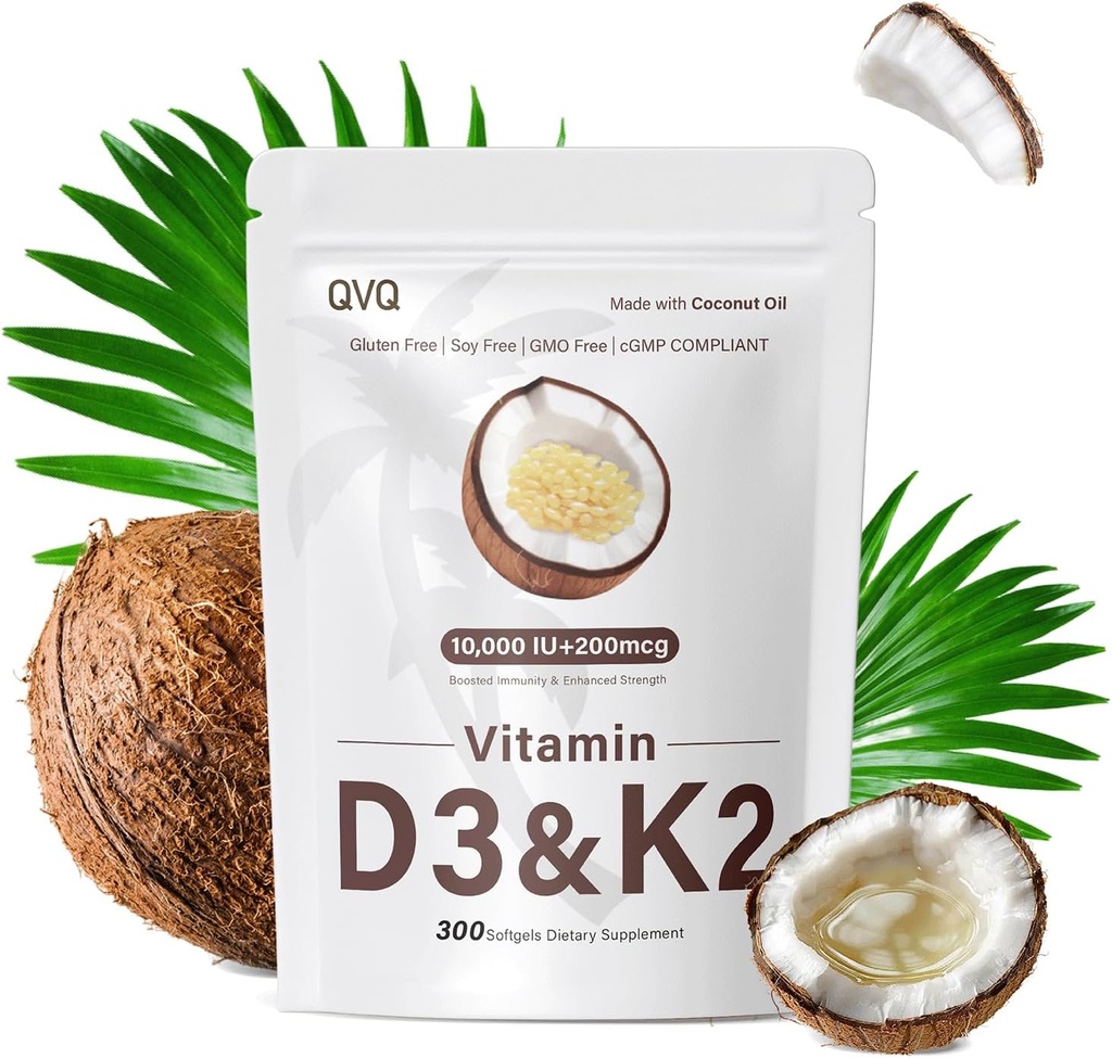 300 stk 2 i 1 vitamin D3 10000 iu Plus K2 (MK- 7) 200 mcg Virgin Coconut Oil Softels med vitaminer D & K understøtter Calcium Absorption, ben, immunforsvar, og hjerte sundhed - Let at synke