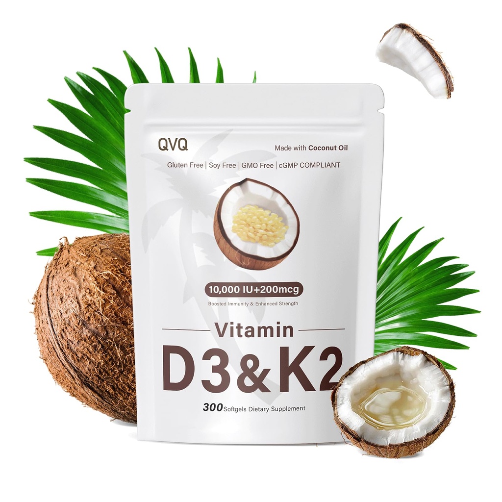 300 stk 2 i 1 vitamin D3 10000 iu Plus K2 (MK- 7) 200 mcg Virgin Coconut Oil Softels med vitaminer D & K understøtter Calcium Absorption, ben, immunforsvar, og hjerte sundhed - Let at synke