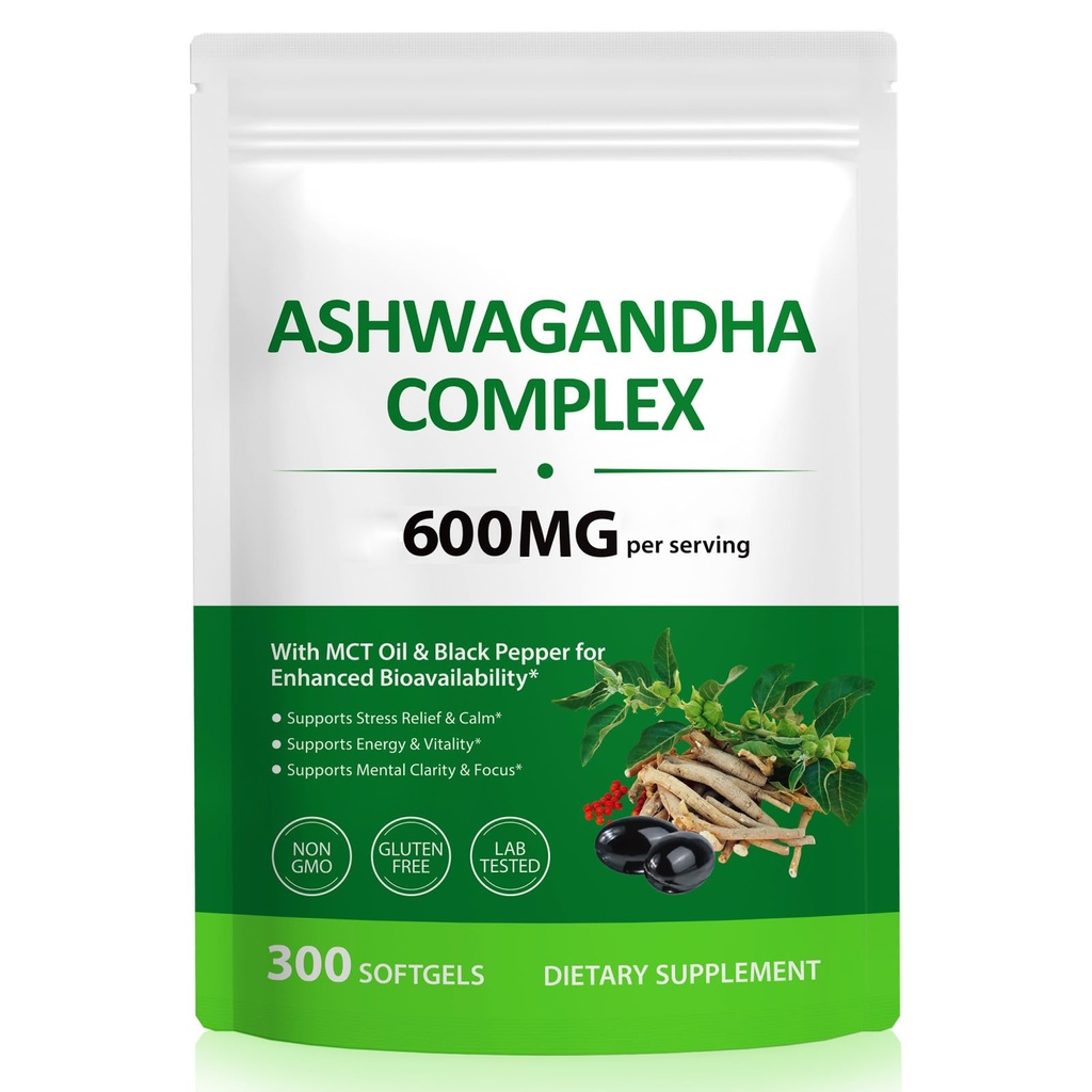 Ashwagandha Supplements 300 Count for Women & Men, 600mg Ashwagandha Extract Complex with MCT Oil & Black Pepper, Extra Strength Stress & Mood Support, Non GMO Formula, Vegetarian Softgel Capsules