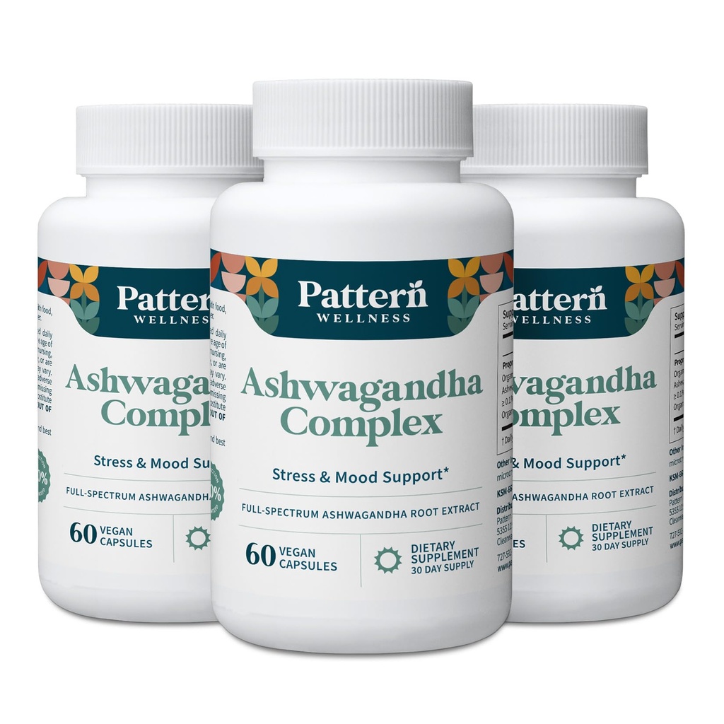 Pattern Wellness Ashwagandha Complex for Men & Women – Organic KSM-66® & Black Pepper Extract – Supports Stress Response & Energy Balance – Non-GMO – 180 Vegan Capsules