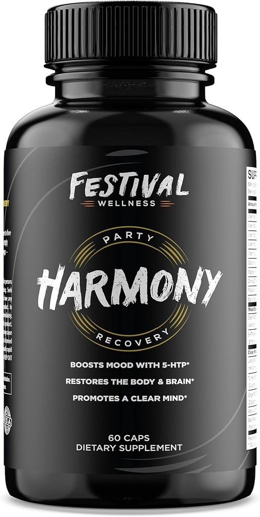Harmony: Festival Recovery • 124; Post- Festival, Rave, og Party Recovery Supplement • 124; 5- HTP + Mood Boost, Replenises B- Vitaminer & Elektrolyter, fremmer et klart sind