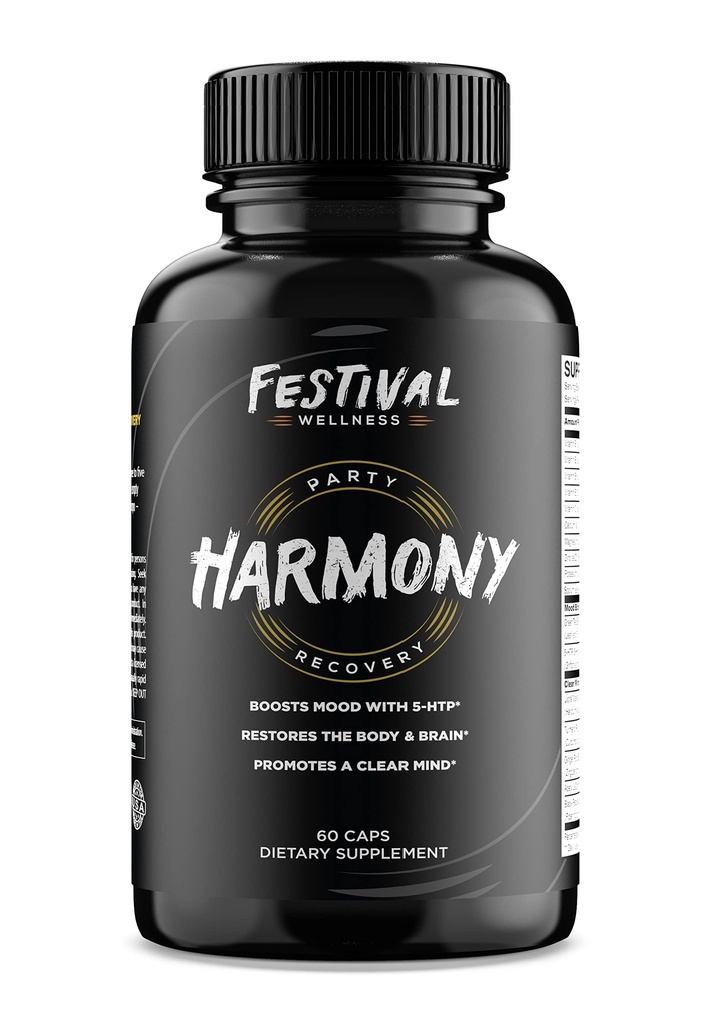 Harmony: Festival Recovery • 124; Post- Festival, Rave, og Party Recovery Supplement • 124; 5- HTP + Mood Boost, Replenises B- Vitaminer & Elektrolyter, fremmer et klart sind