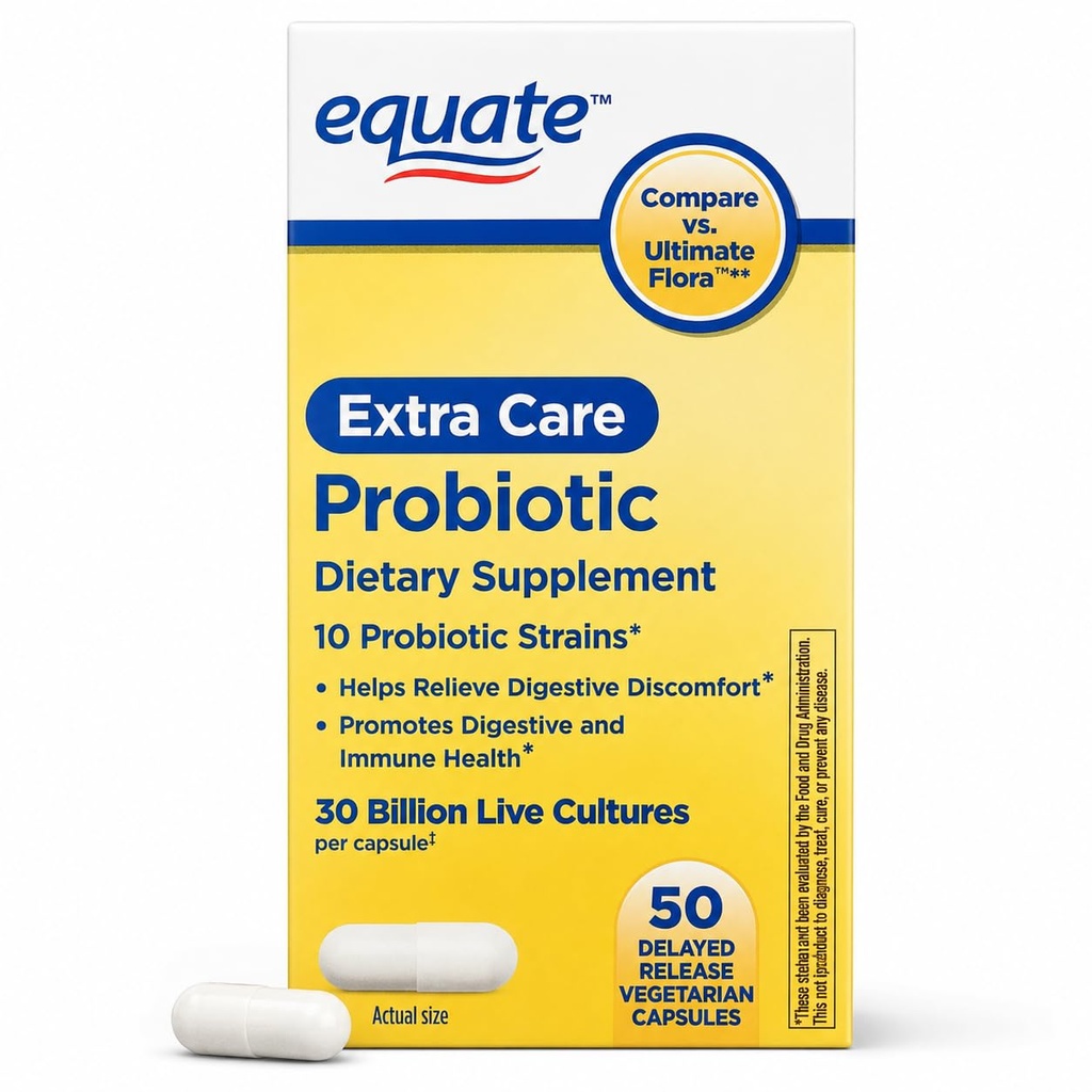 Equate Extra Care Multi Strain Probiotic Capsules-30 Billion CFU-10 Strains | Daily support for shoppers seeking gut health supplements, digestive balance, immune health, and shelf-stable convenience