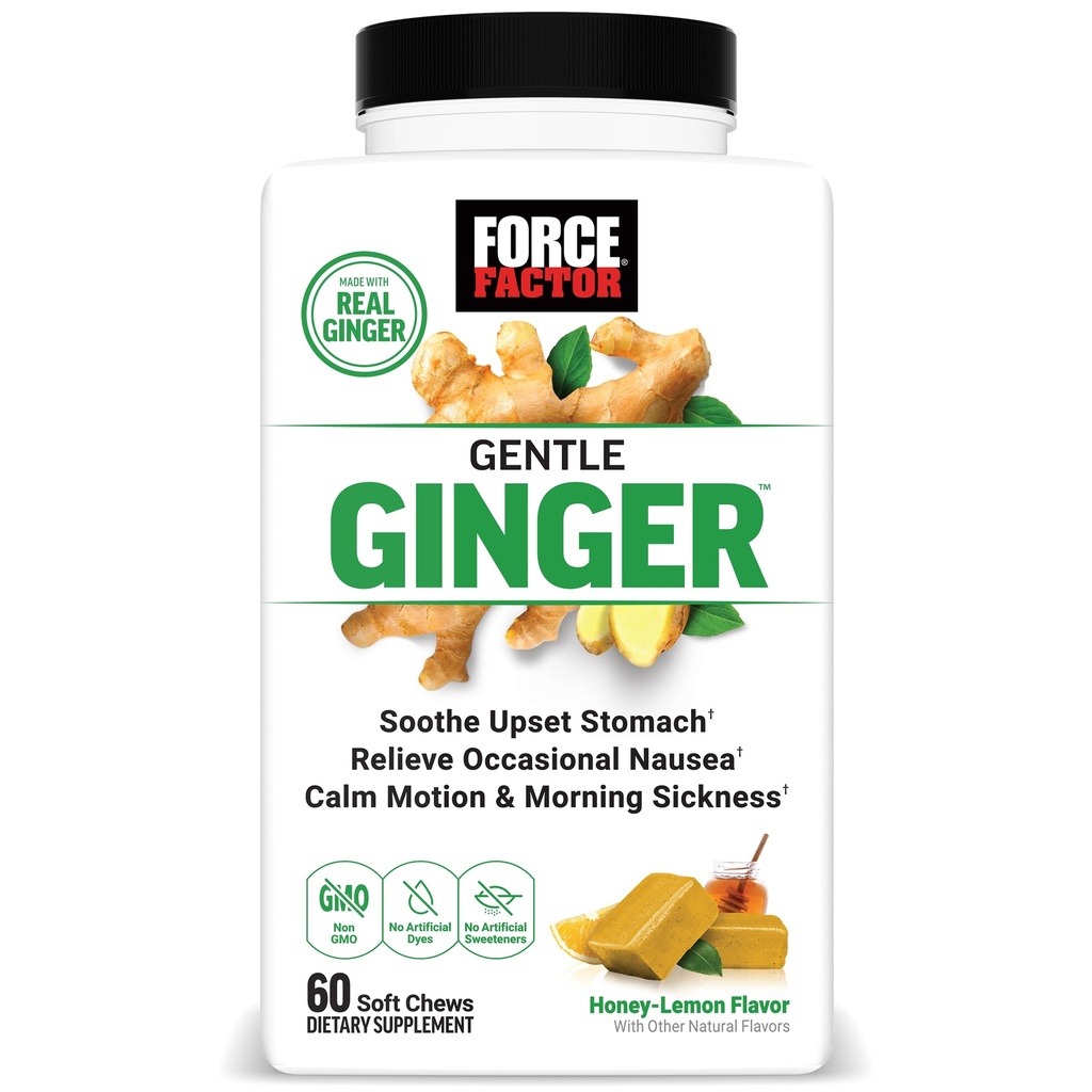 FORCE FACTOR Gentle ingefær tyggegummi for kvalme Relief, motion sygdom, og morgen sygdom, ingefær supplement med vitamin B6 til fordøjelsesstøtte, ikke-GMO, Honey- Lemon ingefær, 60 bløde tygger
