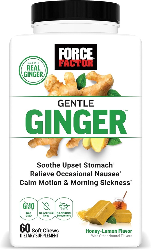 FORCE FACTOR Gentle ingefær tyggegummi for kvalme Relief, motion sygdom, og morgen sygdom, ingefær supplement med vitamin B6 til fordøjelsesstøtte, ikke-GMO, Honey- Lemon ingefær, 60 bløde tygger