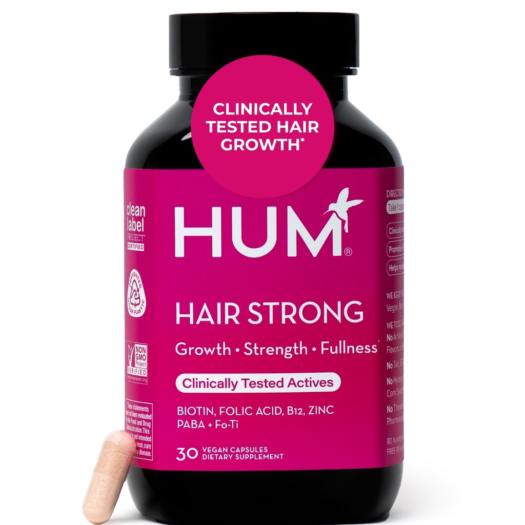HUM hår stærk daglig hårvækst tillæg med biotin, zink, vitamin B12 til støtte vækst, folinsyre & vitamin B12 vitaminer til sund hårstøtte for kvinder og mænd, 30 Veganske kapsler