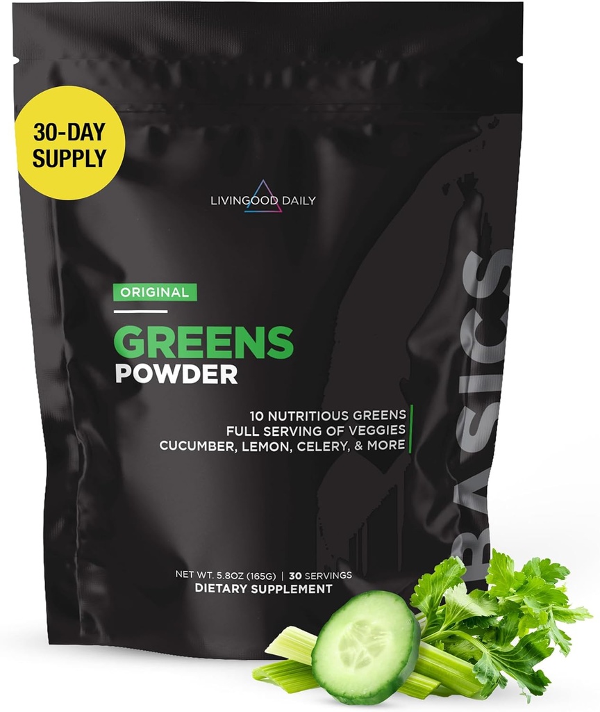 Livingood Daily Basic Green Powder, Super Greens Drink Mix med Spirulina, Broccoli, Kale, Hvede Græs & Chlorella, Økologisk Vegetabilsk Blend, Vegan, Gluten Free, Non GMO, 30 Servere