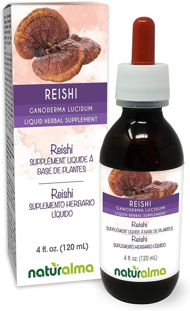 Naturalma Reishi (Ganoderma lucidum) Svampe eller champignon Alkoholfri tinktur - 4 fl oz flydende ekstrakt i dråber - Urtetilskud - Vegan