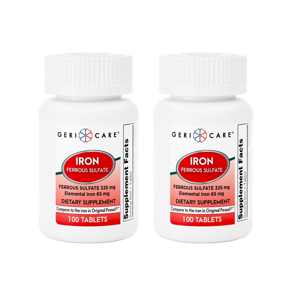 GeriCare Ferrosulfat- tabletter 325mg, Elemental Iron 65 mg højpotens Iron Supplement124; Kosttilskud 100 Greve. (Pakning med 2)