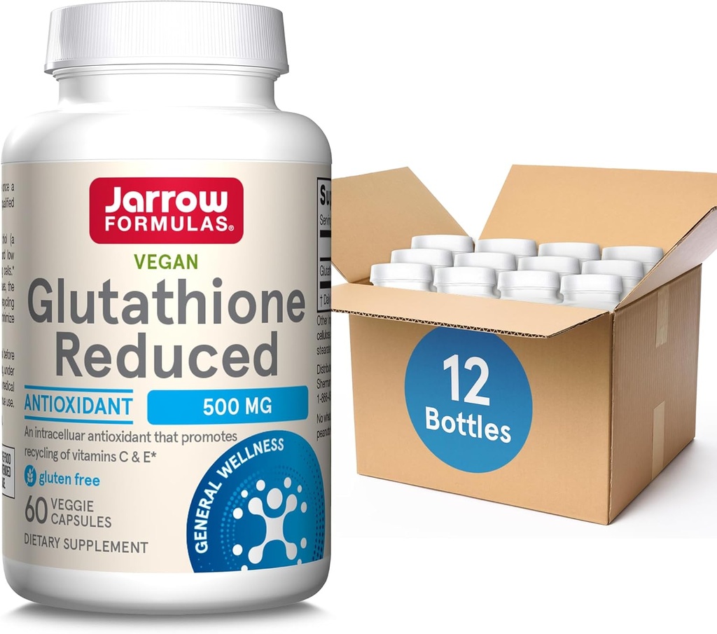 Jarrow Formulas Glutathione Reduceret 500mg- 60 Veggie Capsules - Intracellulær Antioxidant - Kvalitet Glutathione Supplements - Understøtter Genbrug af Vitamin C & E- Non- GMO- Gluten Free- Vegan, Pakning med 12