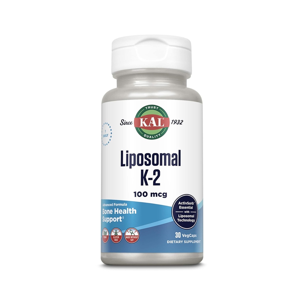 KAL Liposomal Vitamin K2 Supplement med MK7 100 mcg - Høj Absorption, Liposomal Technology - Avanceret Knoglestøtte - Vegan, Gluten Free, Made without Soy, 30 Servere, 30 VegCaps