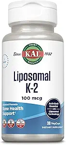KAL Liposomal Vitamin K2 Supplement med MK7 100 mcg - Høj Absorption, Liposomal Technology - Avanceret Knoglestøtte - Vegan, Gluten Free, Made without Soy, 30 Servere, 30 VegCaps