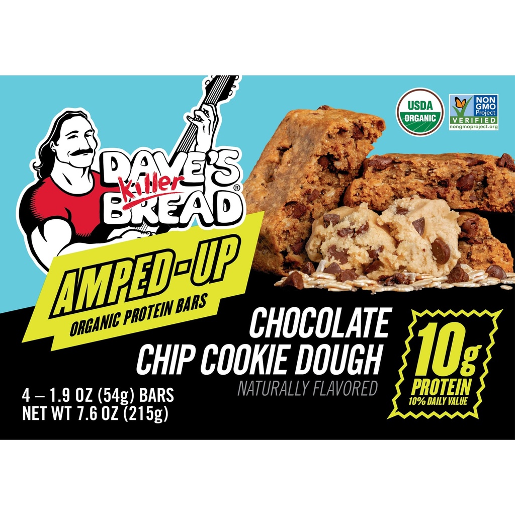 Dave's Killer Bread Amped- Up Chocolate Chip Cookie Dough Organic Protein Bars, 4 Count
