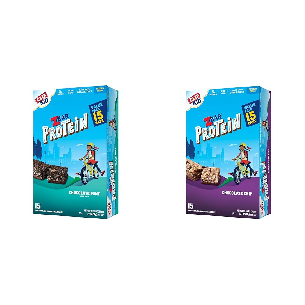 Clif Kid Zbar Protein Chocolate Mint & Chocolate Chip Crispy Whole Grain Snack Bars - Made with Organic Oats - Non-GMO - 5g Protein - 1.27 oz. (15 Pack)