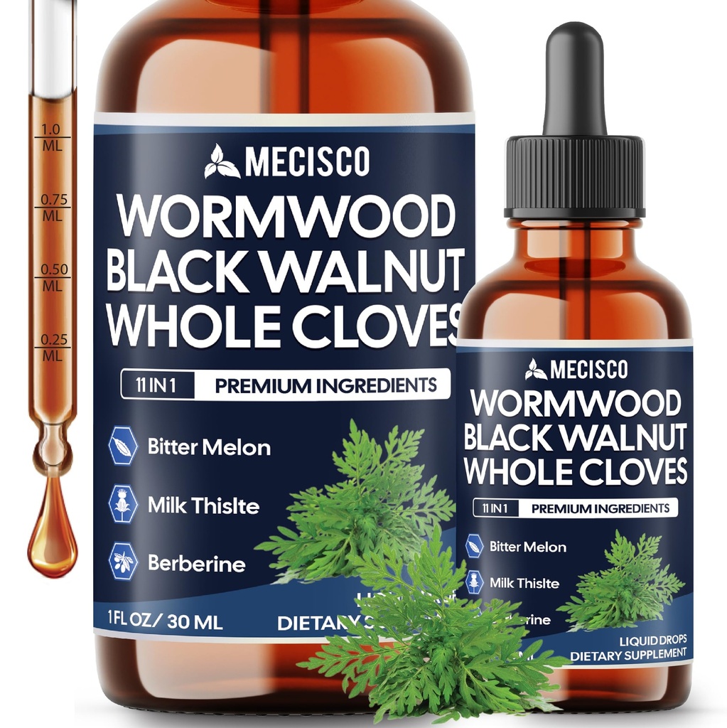 Mecisco Wormwood Liquid Drops. Combined to Black Walnut, Whole Cloves, Berberine, Milk Thislte, Bitter Melon and 5 More Herbs. 11-in-1 Wormwood Liquid Drops - 60 Days Supply