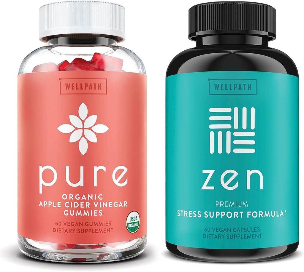 WellPath Pure Apple Cider Vincils med mor Gummies & Zen Mood Support Bundle - Detox & Call Energy Kombination, Vegan, 60 Cts hver