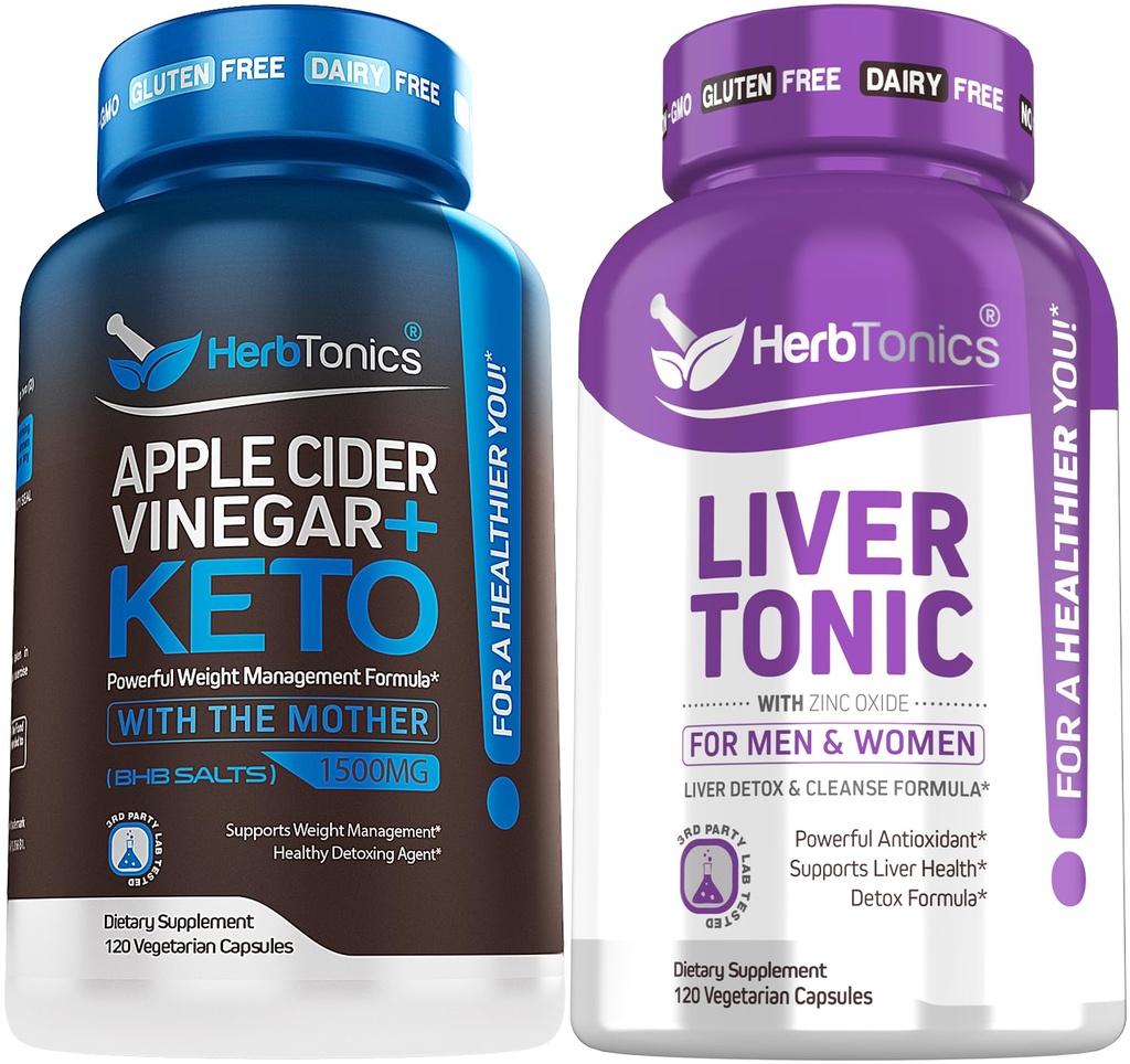 Herbtonics Apple Cider Vincipe kapsler Plus Keto BSB; Fedtforbrænder & Vægttab supplement til kvinder & mænd - Lever Rense Detox & Reparation Formel med mælk tidsel Artiskoke og 24 Urter Lever sundhed